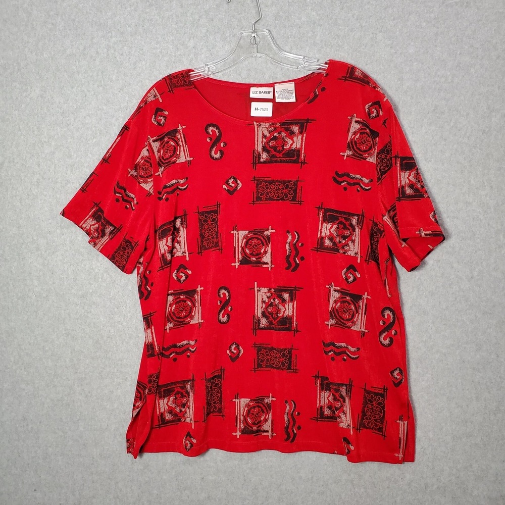 VINTAGE Liz Baker Women Top PXL‎ Red T-Shirt Symbol Graphic Short Sleeve